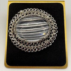 Vintage Celebrity Lucite High Domed Silver Tone Signed Brooch